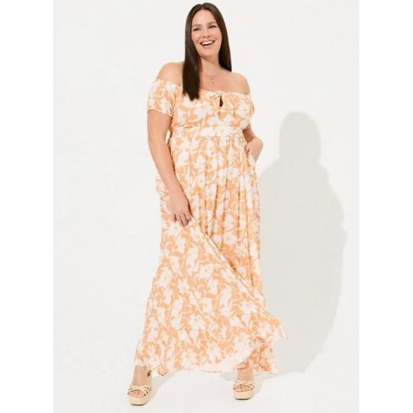 Torrid Women's Peach Plus Size Maxi‎ Gauze Off Shoulder Tie Front Dress Size 2x - Picture 1 of 11